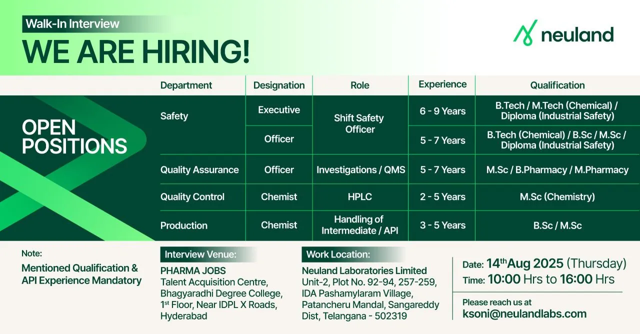 Neuland Laboratories Walk In Interview – Production, QC, QA & Safety Jobs