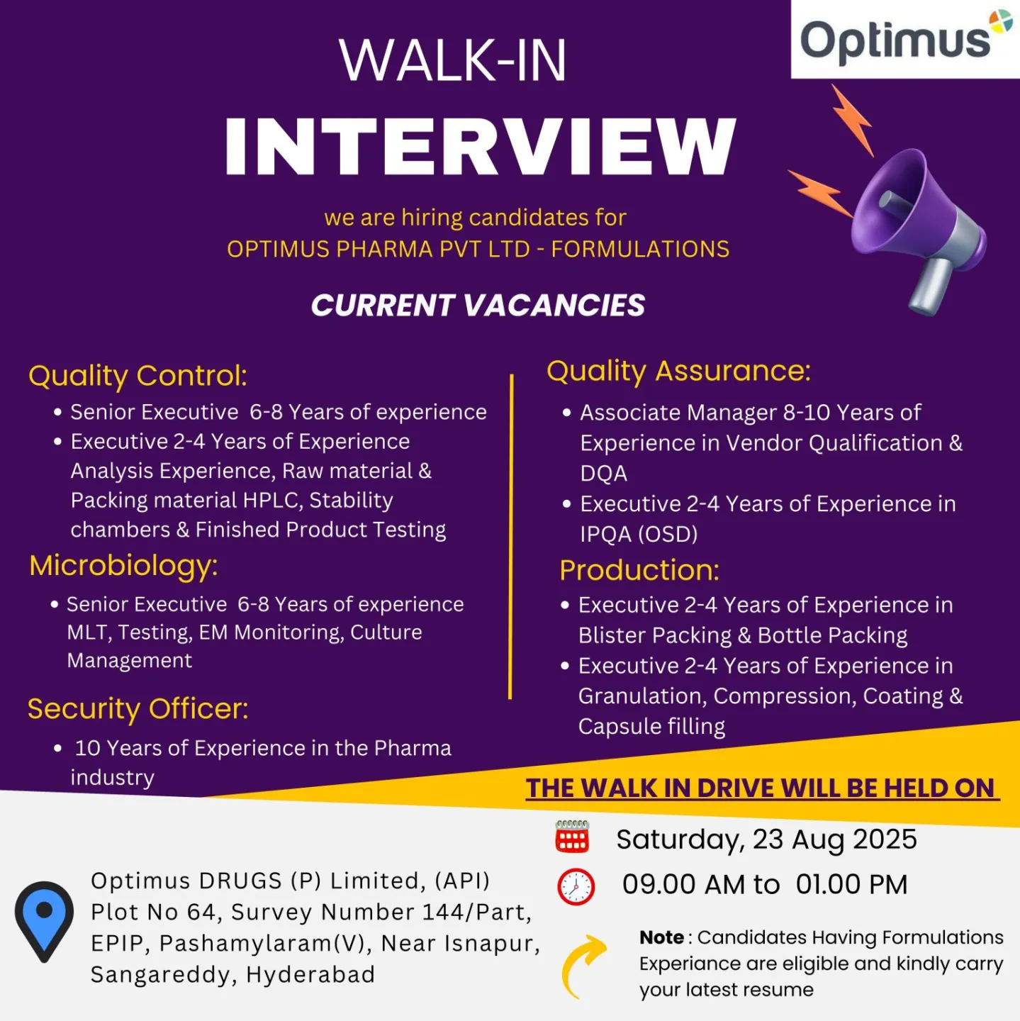 Optimus Pharma, Shiva Performance Materials, Biological E & Ipca Laboratories Walk-In Interviews