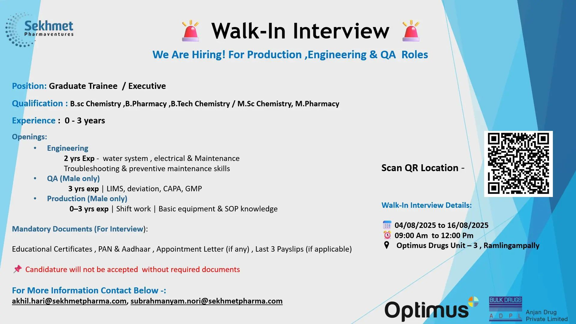 Walk In Interview – API Production, Engineering, QA Jobs