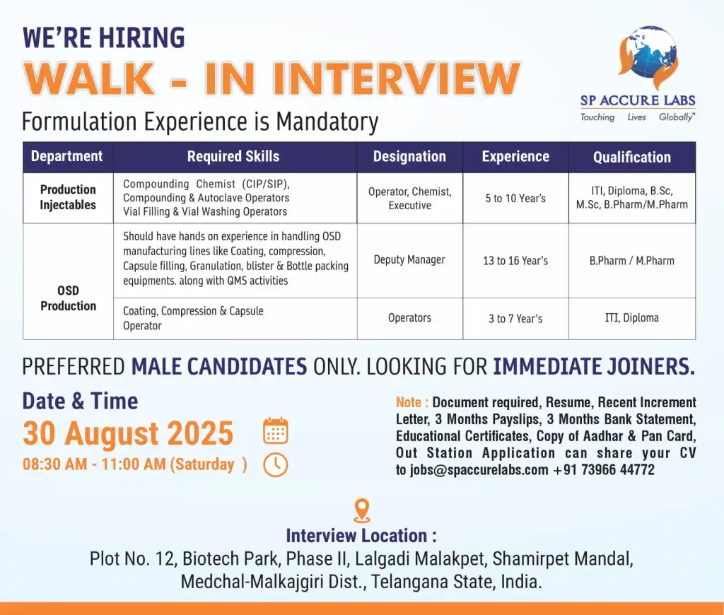 Pharma Walk-In Interviews | SP Accure Labs, Ipca, TCS, Annora & Eugia Hiring