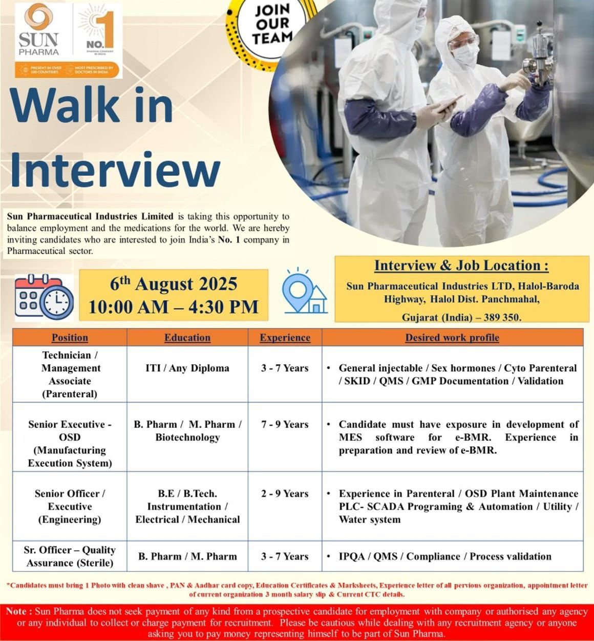 Sun Pharma Walk In Interview – Apply for Pharma Jobs