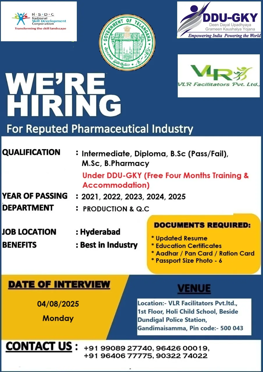 Walk-In Interview at VLR Facilitators for Free Pharma Training & Jobs