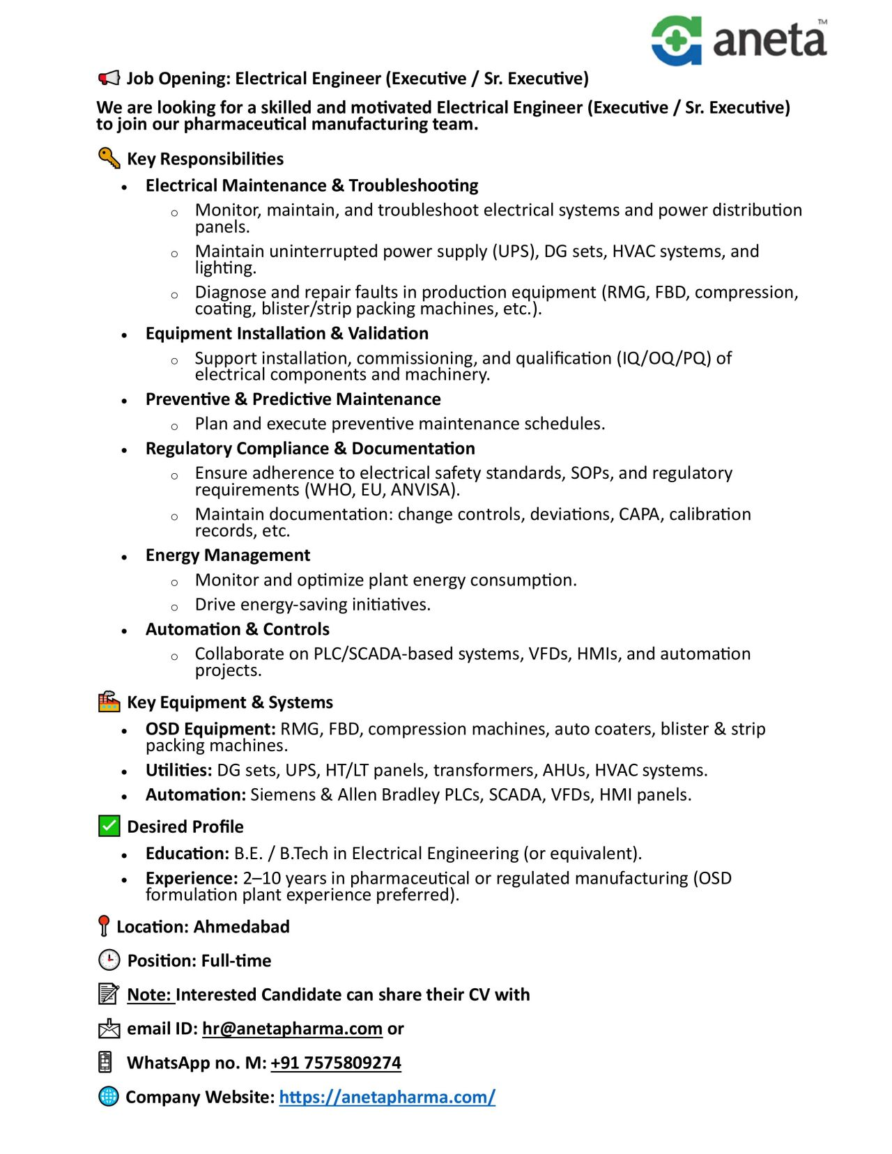 Electrical, Regulatory, Accounts & Engineering Roles