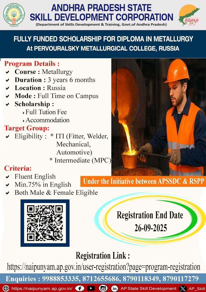 Fully Funded Metallurgy Diploma in Russia for Andhra Pradesh Youth