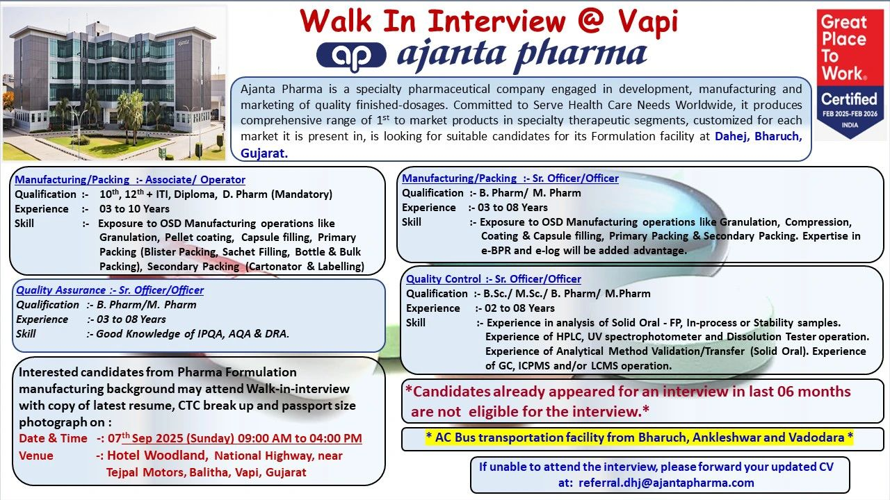 Pharma Jobs Walk-in Interviews | Ajanta, Tiefenbacher, Ravenbhel, Shilpa, Hetero & Tagoor
