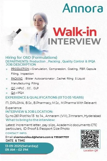 Walk-In Drives: Annora Pharma, Piramal Pharma Limited, Virchow Biotech, Jubilant Ingrevia Limited, Ipca Laboratories, Heritage Foods Limited – Production, QC, QA, Engineering & Packing Roles
