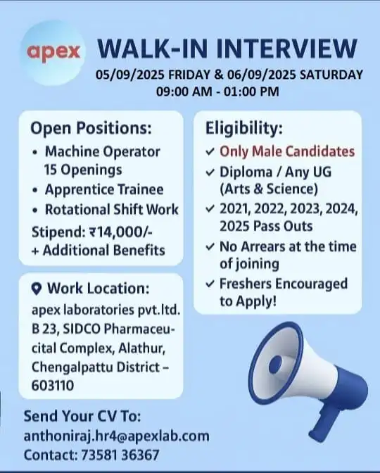 Apex Laboratories & Virchow Biotech Walk In Interviews for Freshers | Pharma & Biotech Jobs