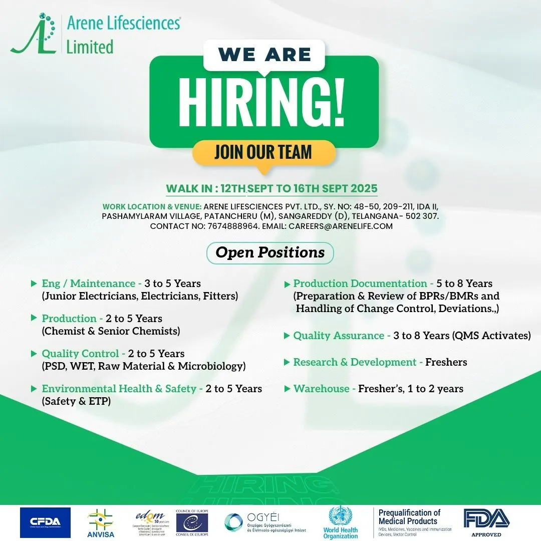Hiring for Production, QC, QA, R&D, EHS, Warehouse & More