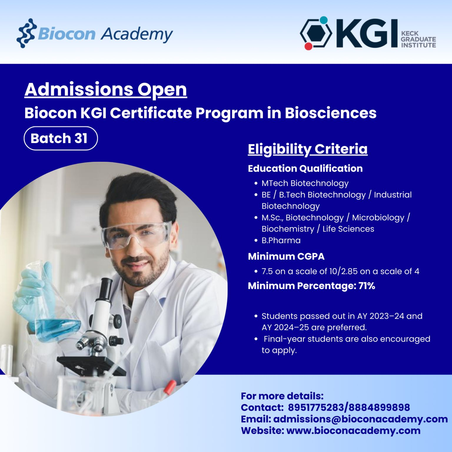 Admissions Open for Biocon KGI Certificate | Pharma & Biotech Job Openings
