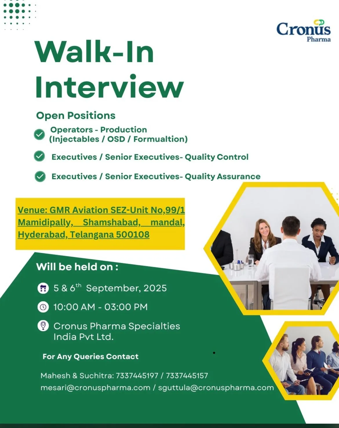 Pharma Walk-in Interviews | Dr. Reddy’s, Cronus, Vital, Abryl, Apichem, Neuland Hiring for QC, QA, Production, Engineering