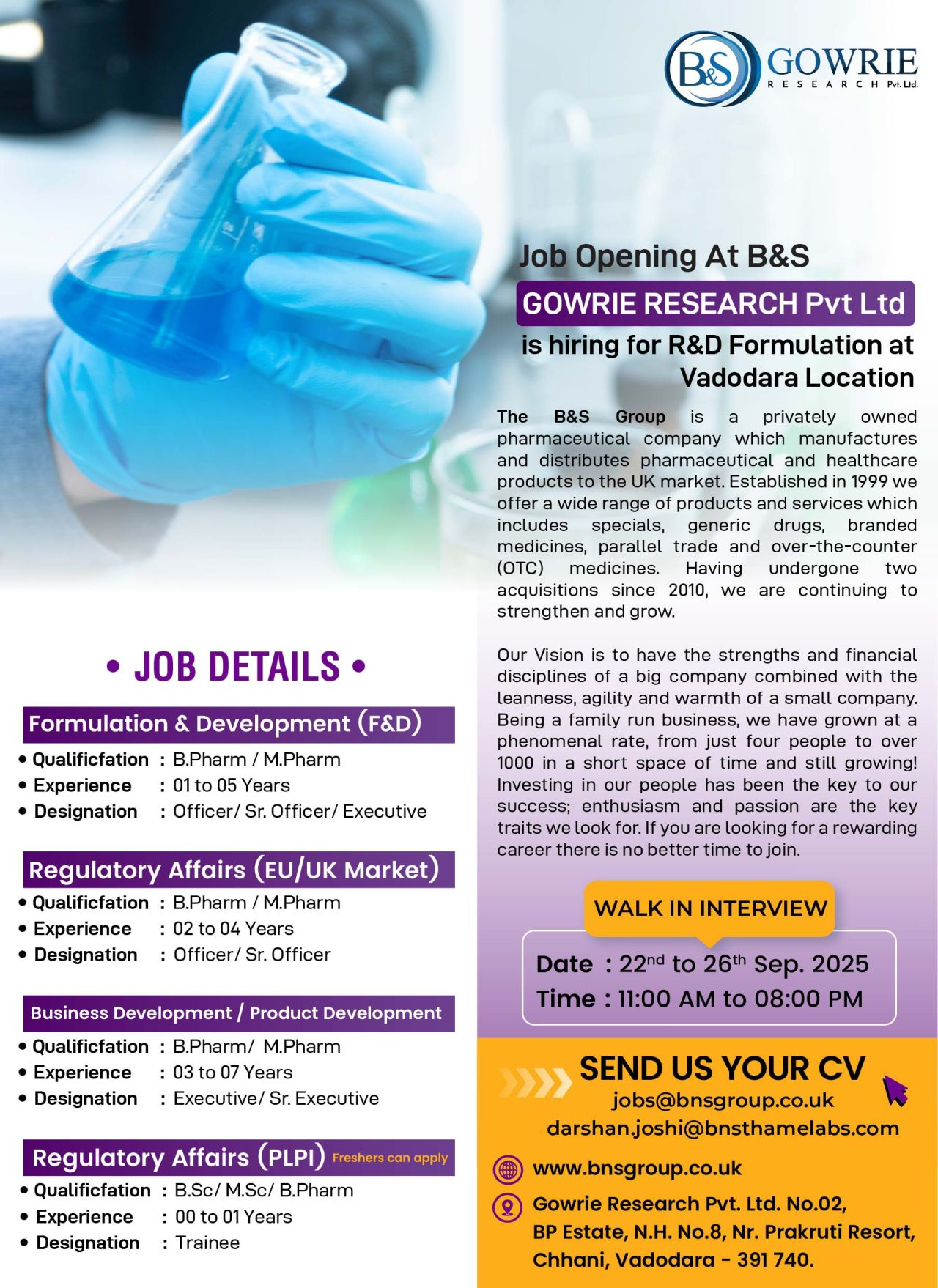Pharma Walk-In Interviews | Gowrie, Titan, Reliance, Immacule, JAMP & Ajanta Pharma Hiring