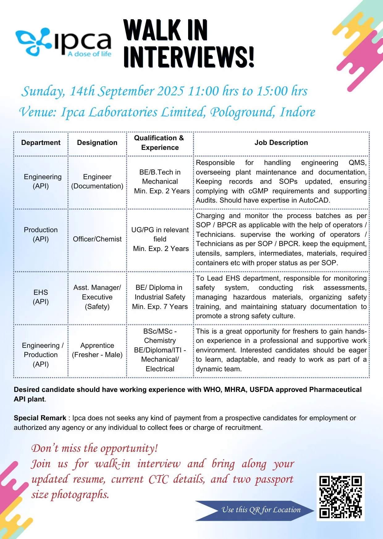 Ipca Laboratories Ltd, Hetero Labs Ltd, Eugia Pharma Specialties Limited & Aculife Healthcare Private Ltd – Walk In Drives