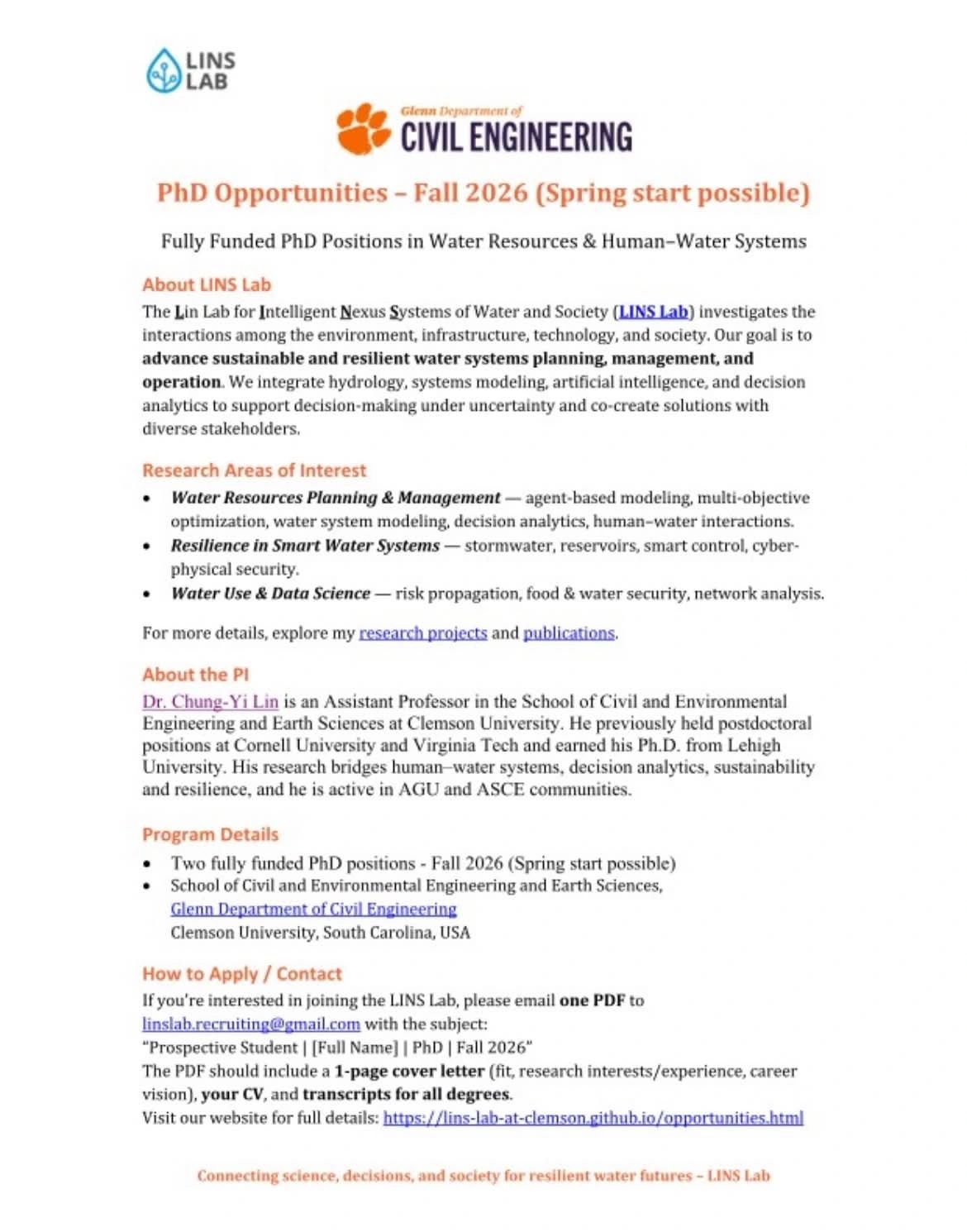 PhD Opportunities in Water Resources