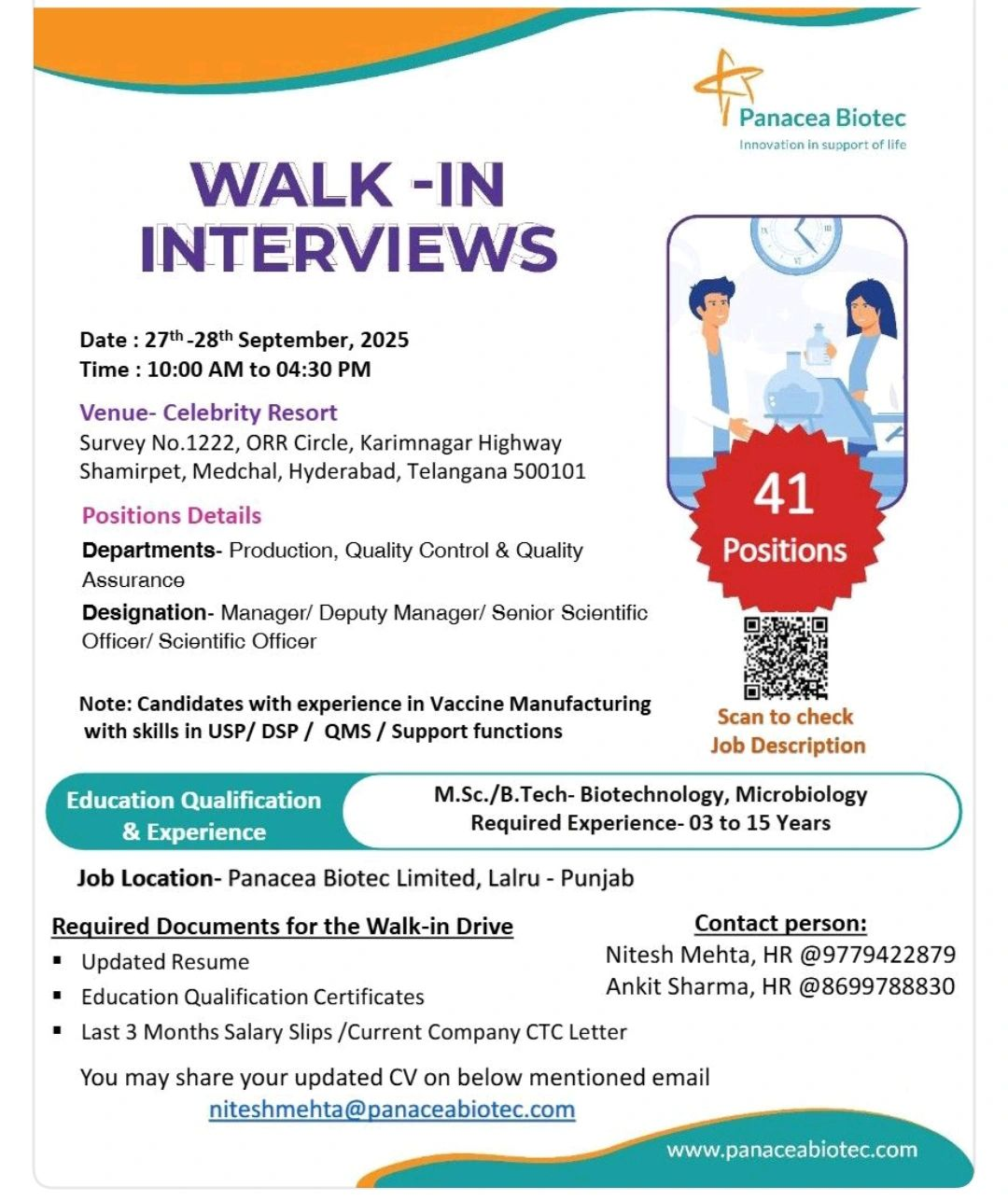 Pharma Walk-in Interviews | Panacea Biotec, Global Calcium, Corona Remedies, Medley, Covalent, Torrent Pharma – Production, QA, QC, R&D Jobs