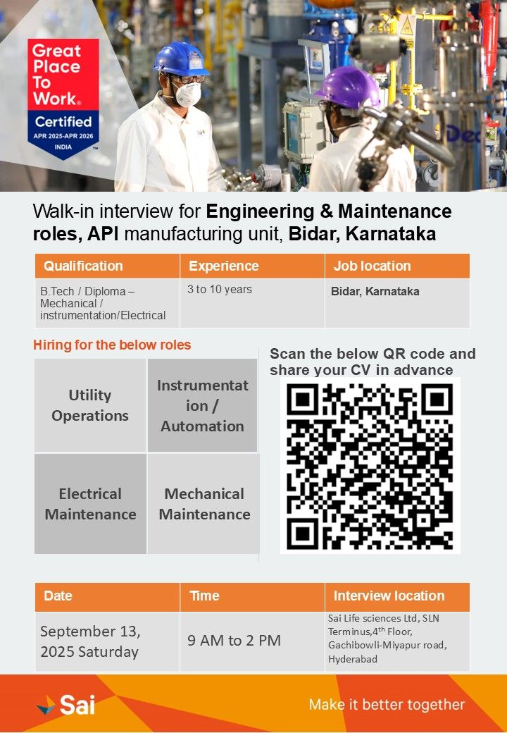 Pharma Walk In Interviews – Engineering, QC, Production, QA Jobs