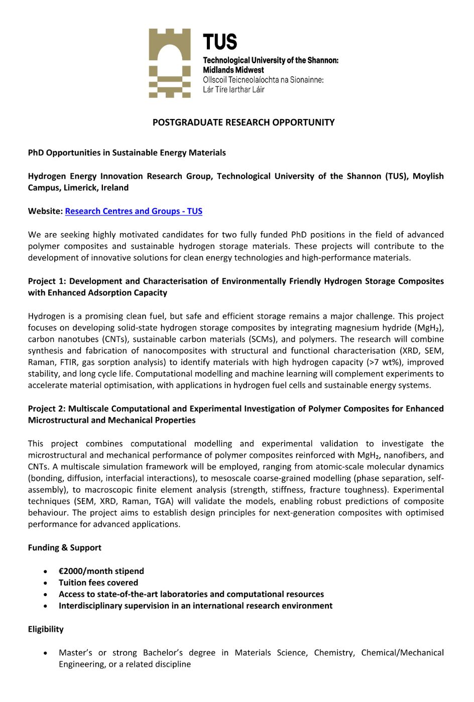 Fully Funded PhD Positions in Sustainable Energy Materials