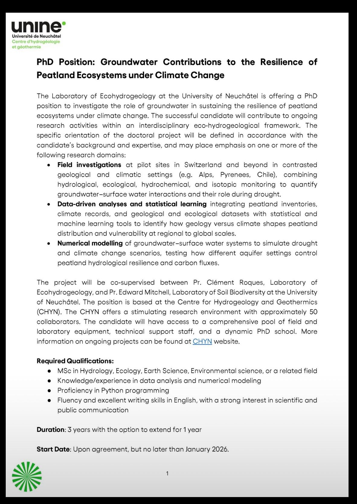 PhD Position: Groundwater and Peatland Ecosystem Resilience under Climate Change