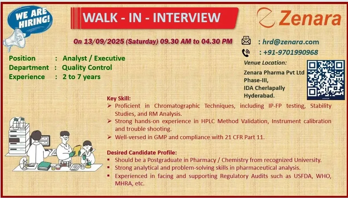 Walk In Interviews – Zenara Pharma, SP Accure Labs & Aspiro Pharma Hiring for QC, Production & Warehouse