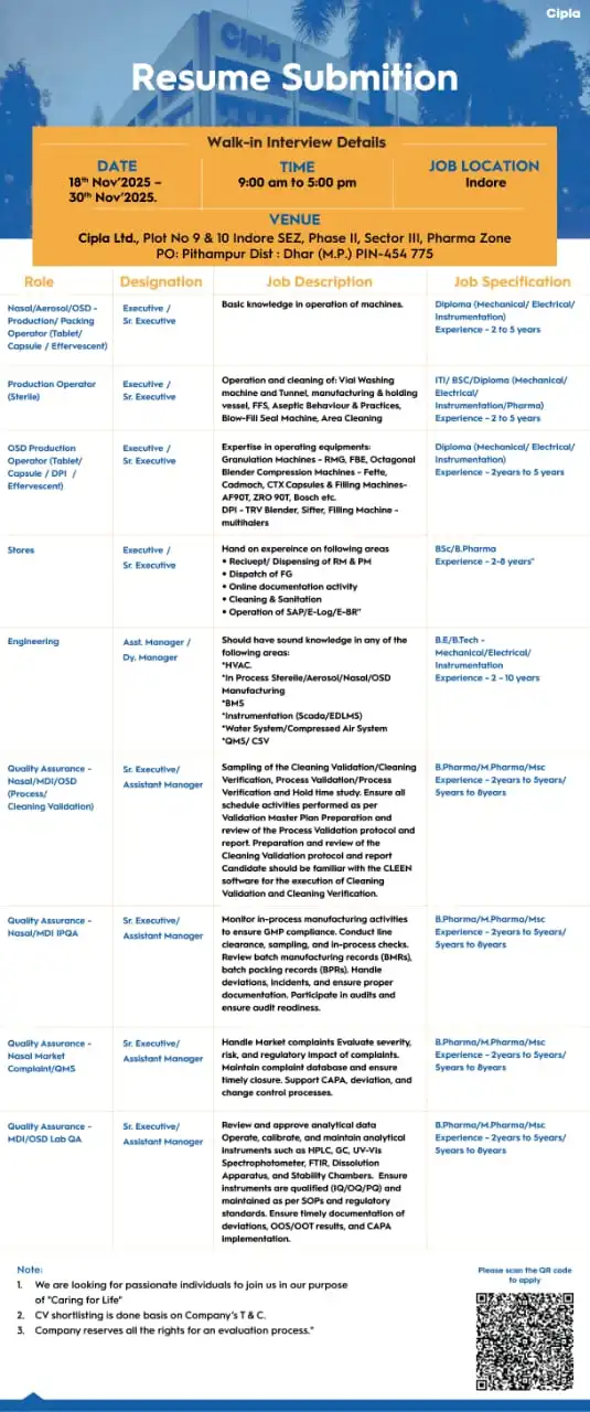 Production, QA, Packing and Engineering Walk-In Jobs