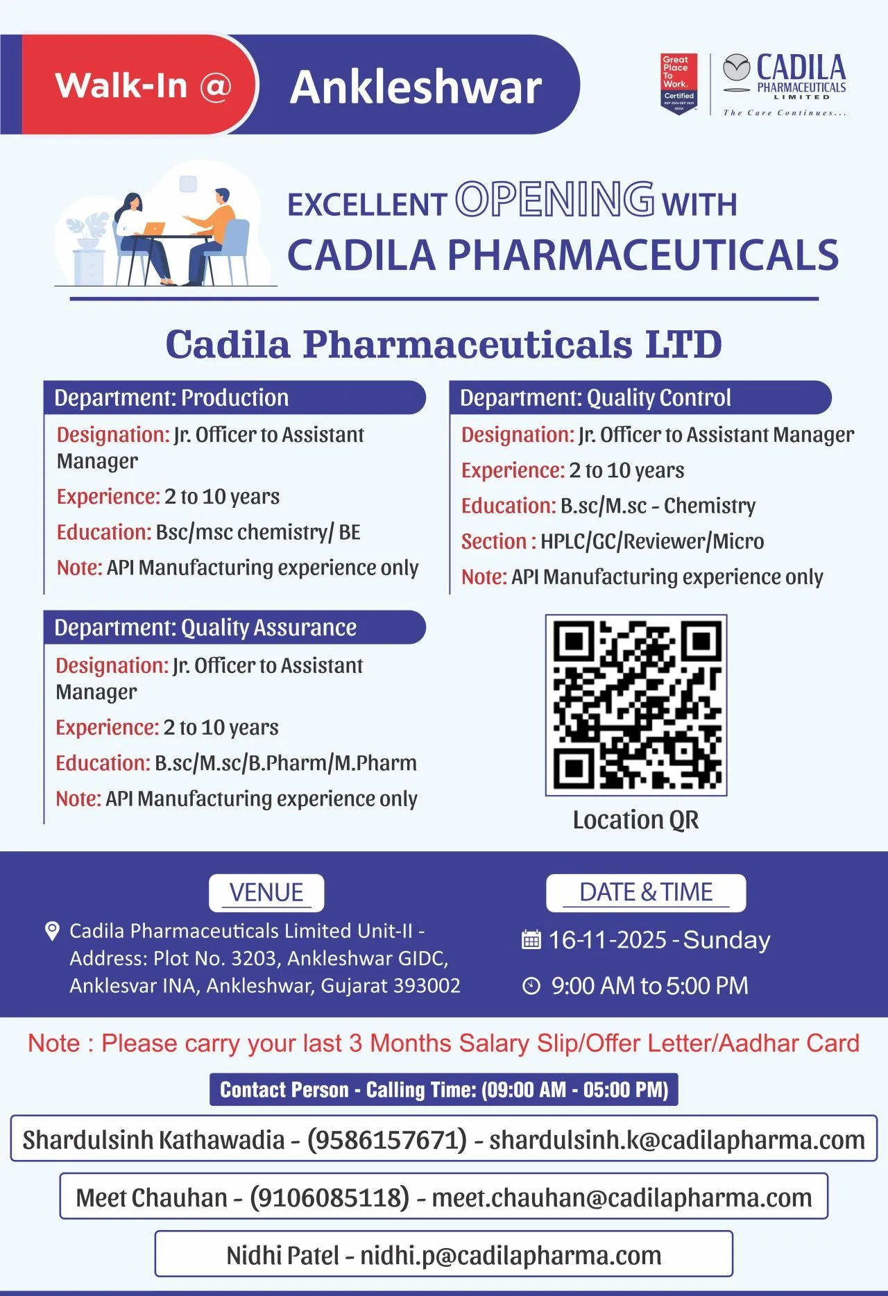 Cadila Pharma, SynZeal, Stellar Formulations, Natco Pharma & Eugia Pharma Hiring