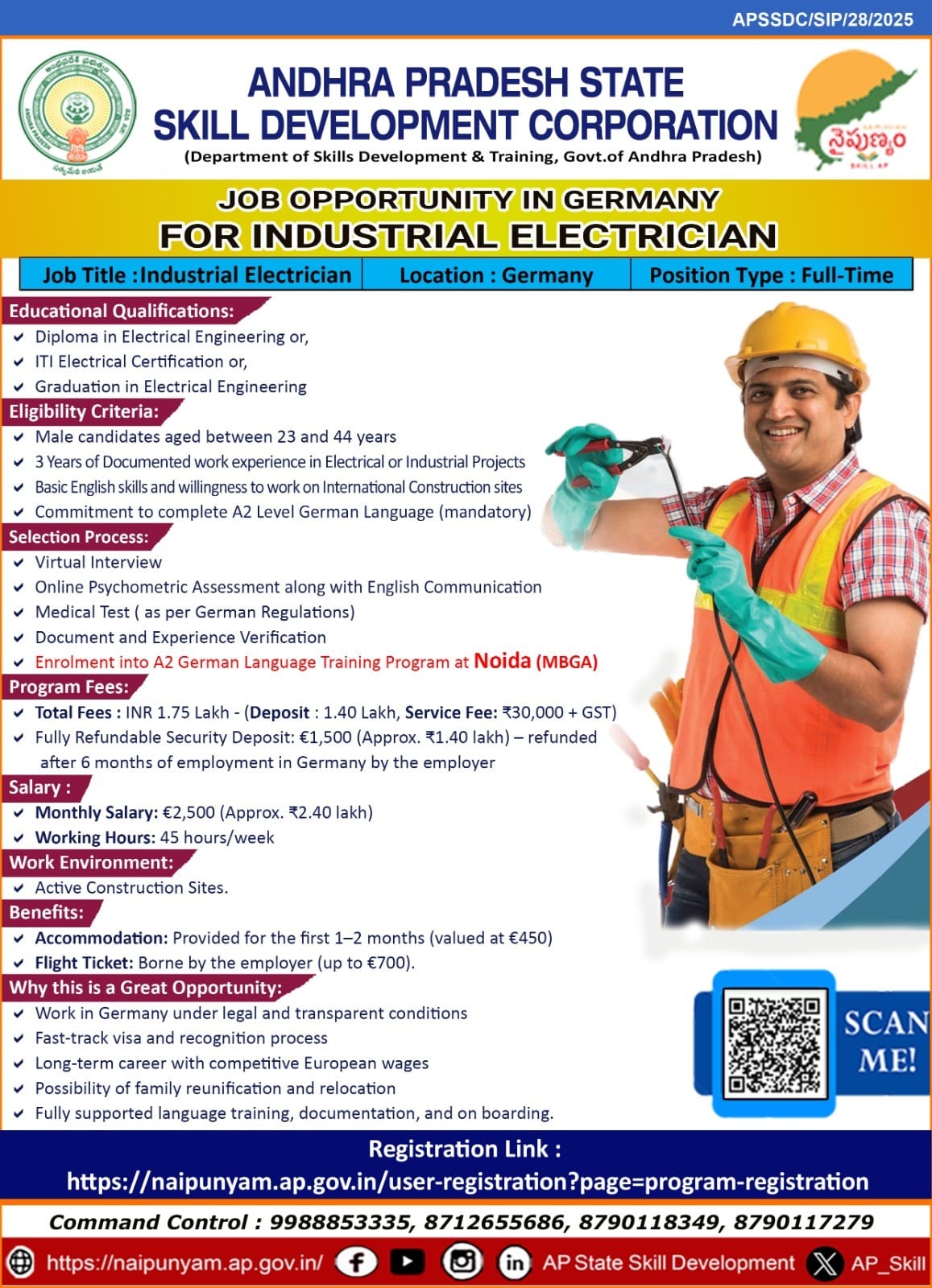 Germany Industrial Electrician Jobs – Salary €2,500/month (₹2.4 lakh)