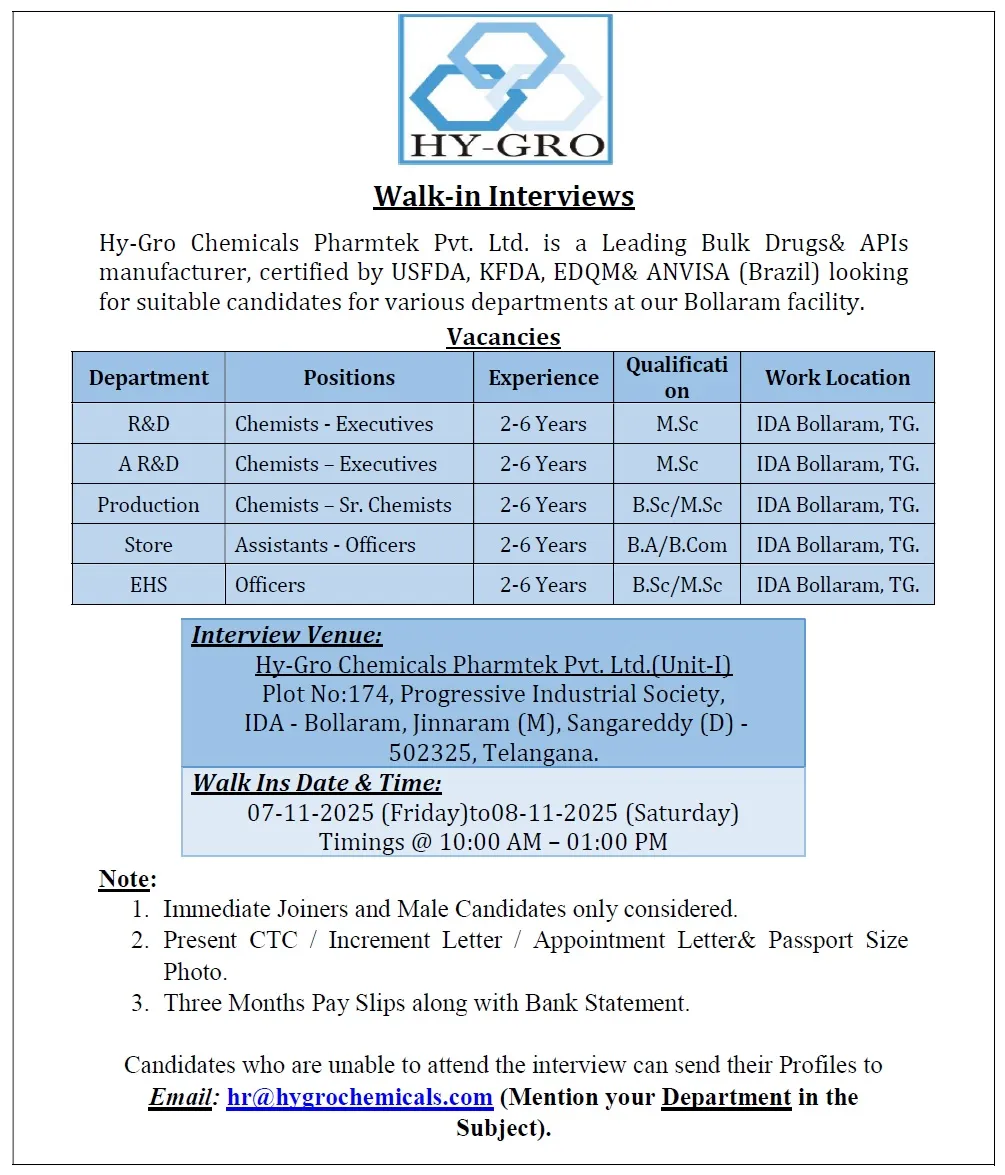 Hiring for Production, QC, QA and R&D Jobs