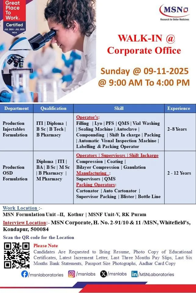 MSN Laboratories, Biological E, Natco Pharma, Apitoria & Kusum Healthcare Walk-In Interviews for Pharma Jobs