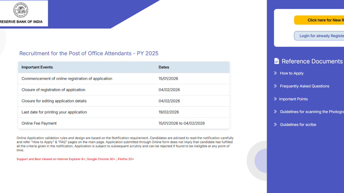RBI Office Attendant Recruitment: Apply for 572 Vacancies (10th Pass)