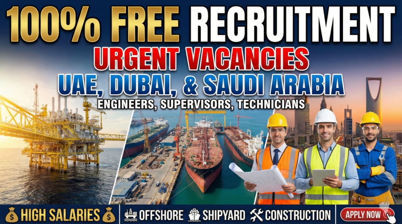 Free Recruitment for Engineers, Supervisors and Technicians | Urgent Vacancies in UAE, Dubai and Saudi Arabia | High Salaries