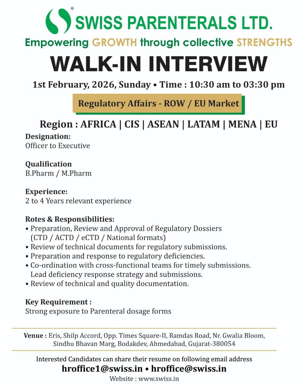 Pharma Walk-In Drive: Jobs in Regulatory Affairs, R&D, QC and Supply Chain